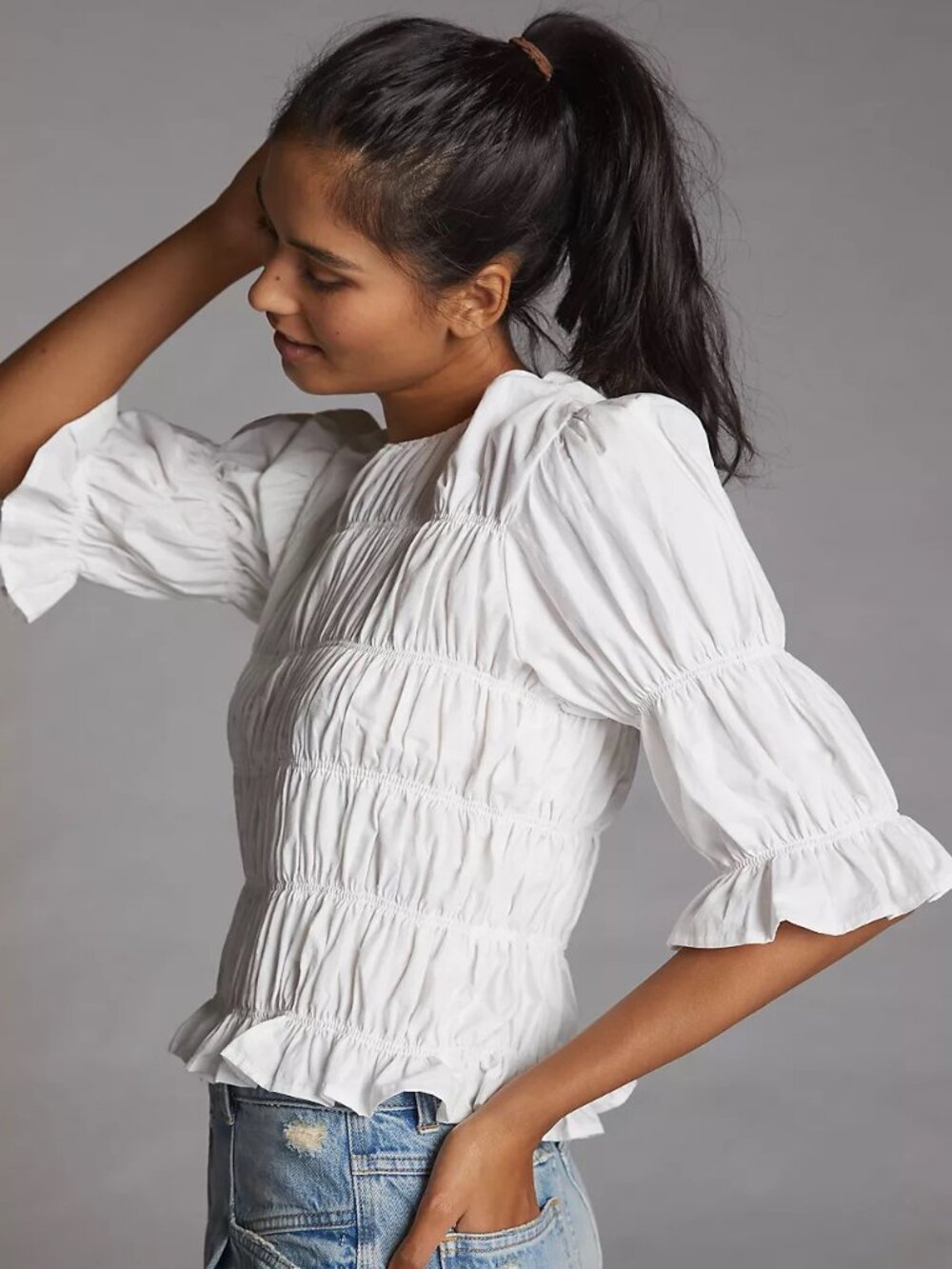 ANTHROPOLOGIE: Smocked Poplin 3/4 Sleeve Top